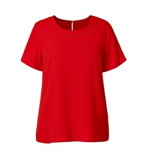 Martinique Red Blouse Women's 16 Embroidered Beaded Neck Short Sleeve Top